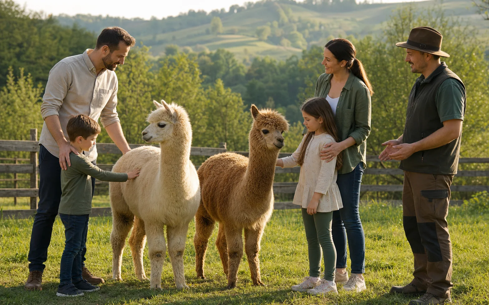 Copii și adulți mângâie două alpaca într-o întâlnire supravegheată