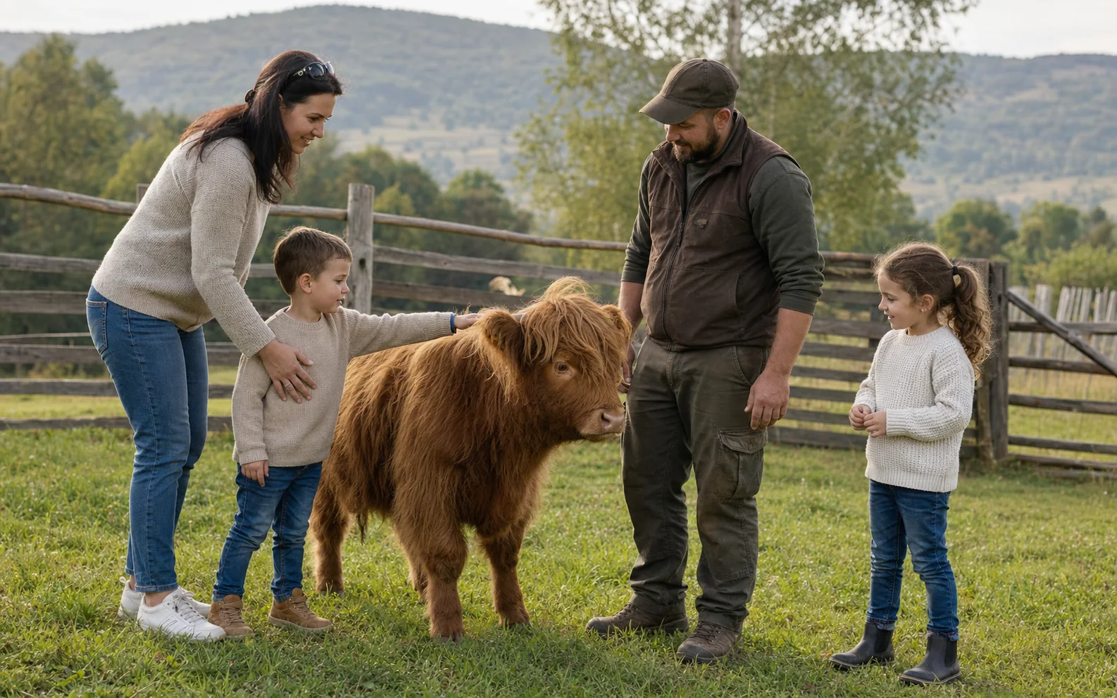 O familie cu doi copii cunoaște o văcuță mini Highland sub supravegherea unui îngrijitor