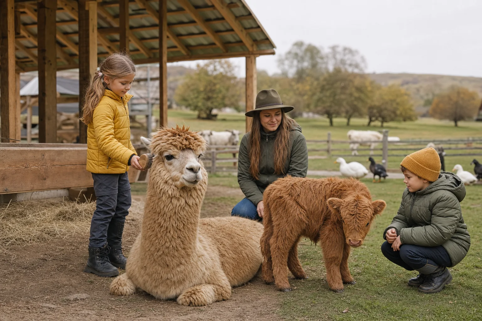 Copii care cunosc o alpaca și o văcuță mini sub supravegherea unui adult