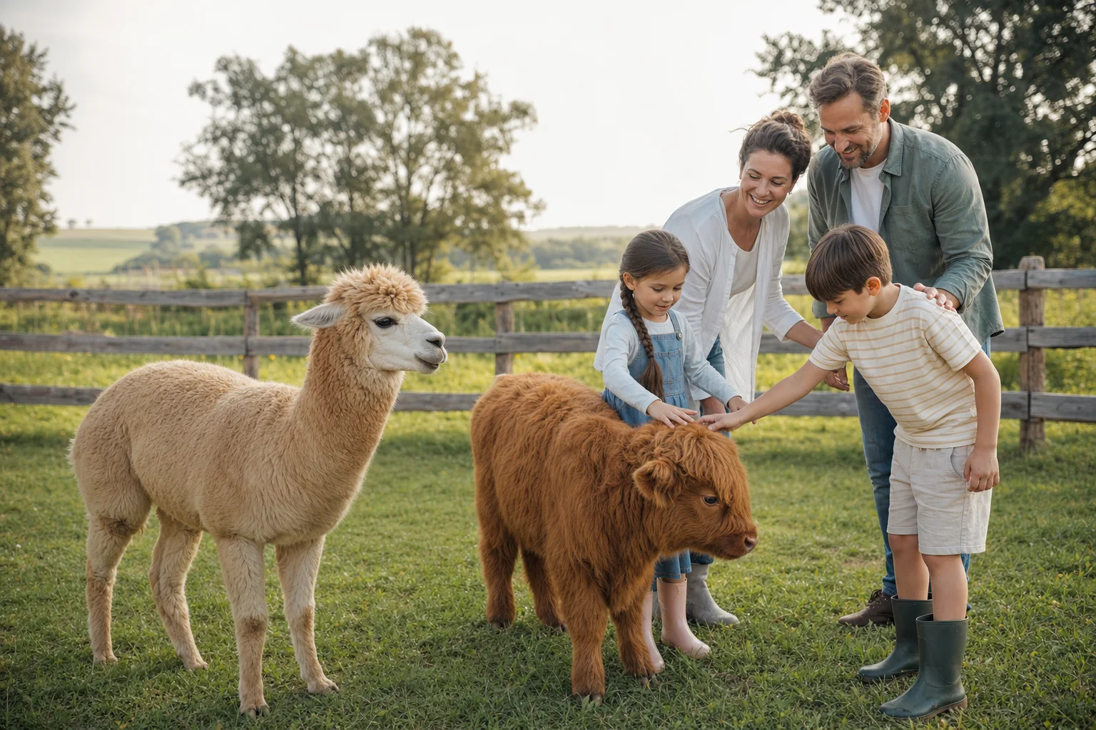 O familie alături de o alpaca și o văcuță mini la fermă